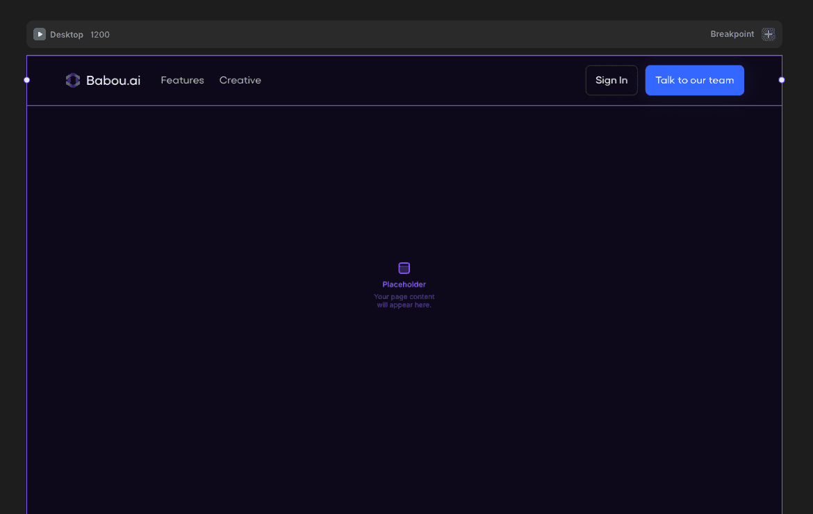 Mockup of the Babou navbar with two persona-split dropdowns and a CTA button